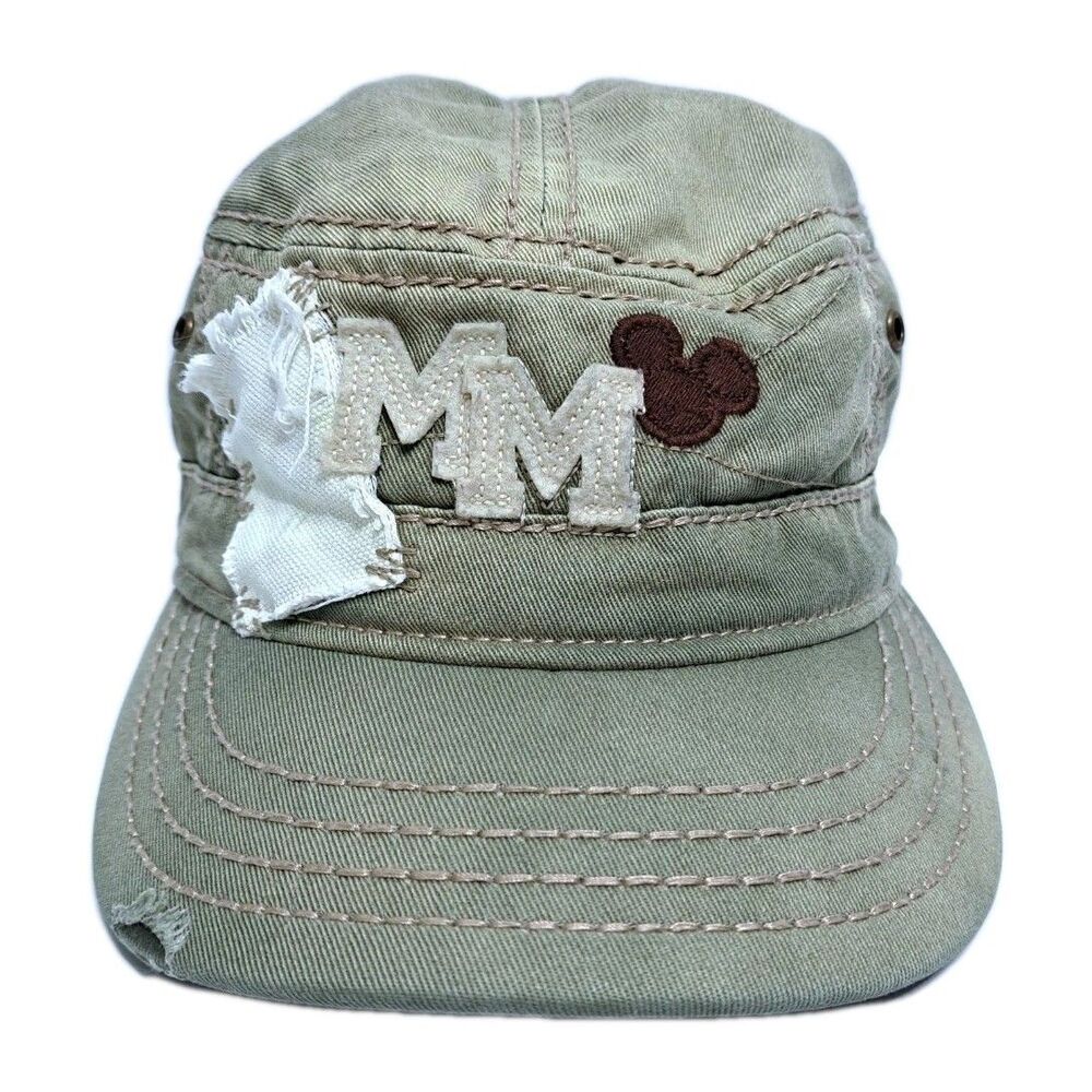 Disney Parks Mickey Mouse Hat Cap Strapback Distressed Green Army Cadet Faded